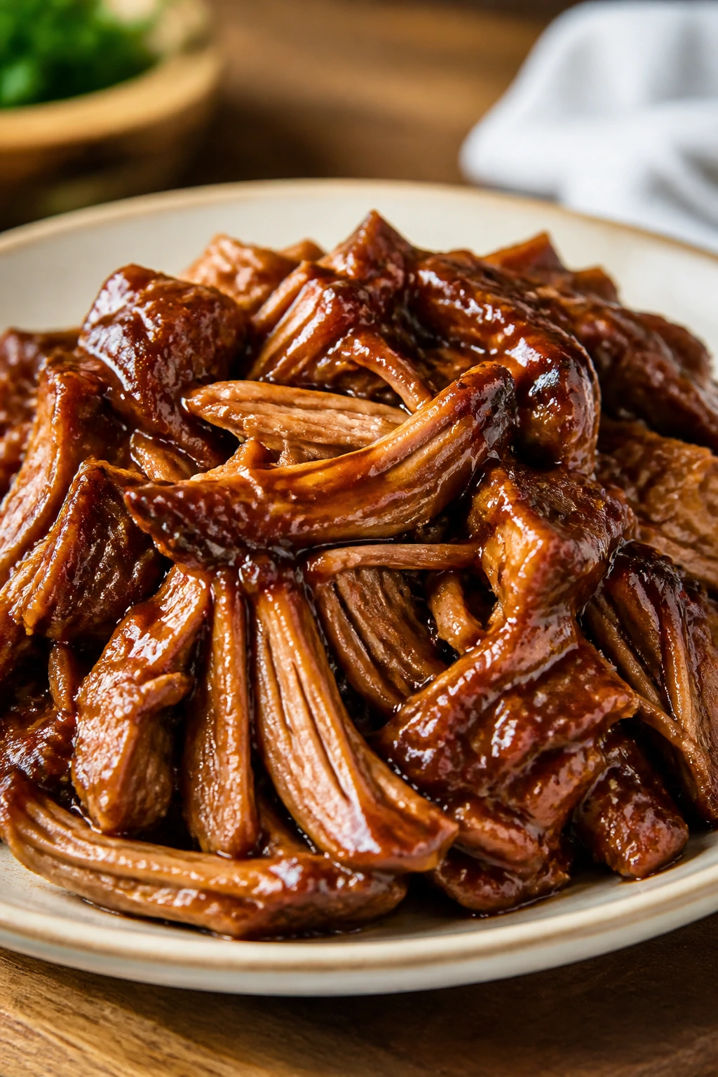 Tender pulled pork in glossy teriyaki glaze