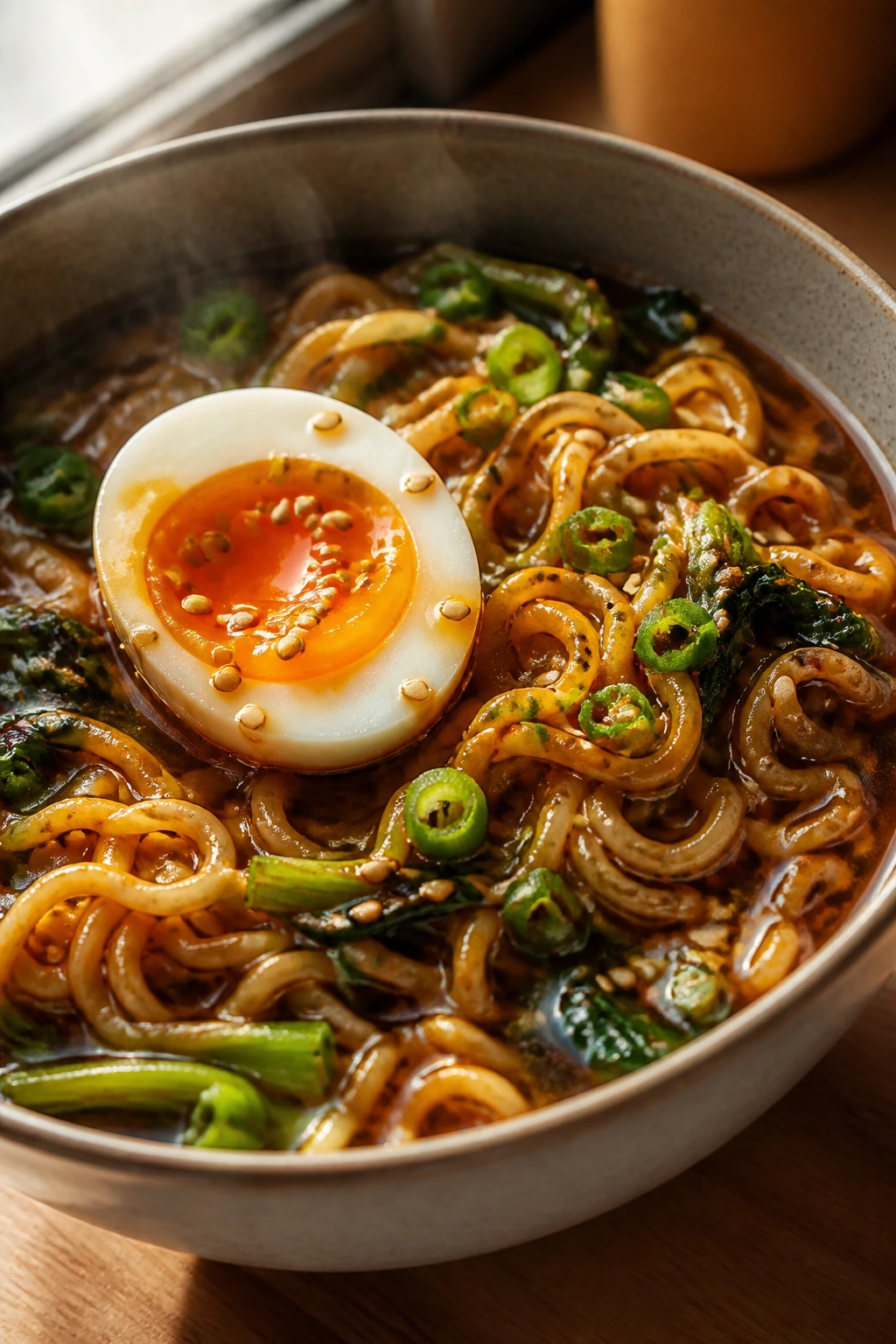 Close-up of teriyaki ramen with a jammy egg in a steaming bowl