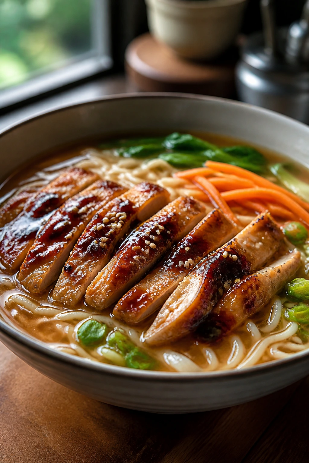 Close-up of teriyaki chicken in ramen soup with steaming broth
