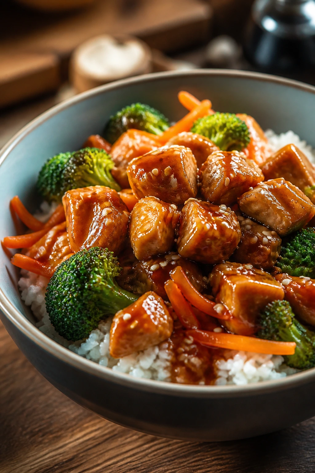 Close-up of teriyaki chicken rice bowl with broccoli and carrots