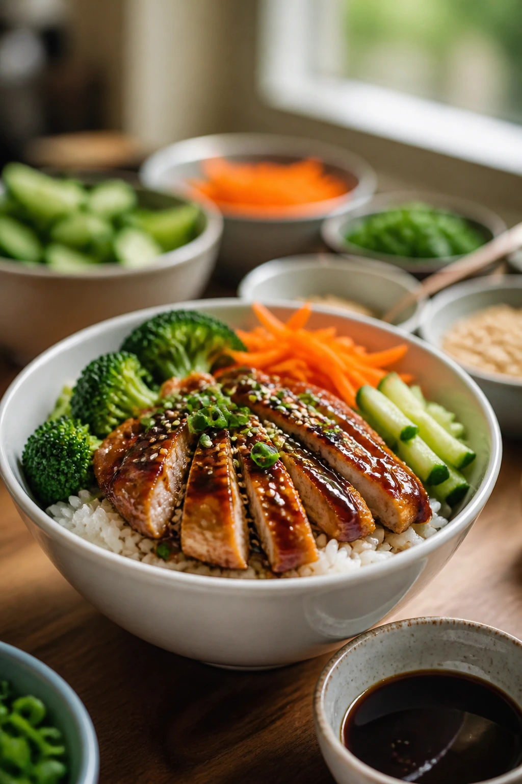 Teriyaki rice bowl with chicken and vegetables