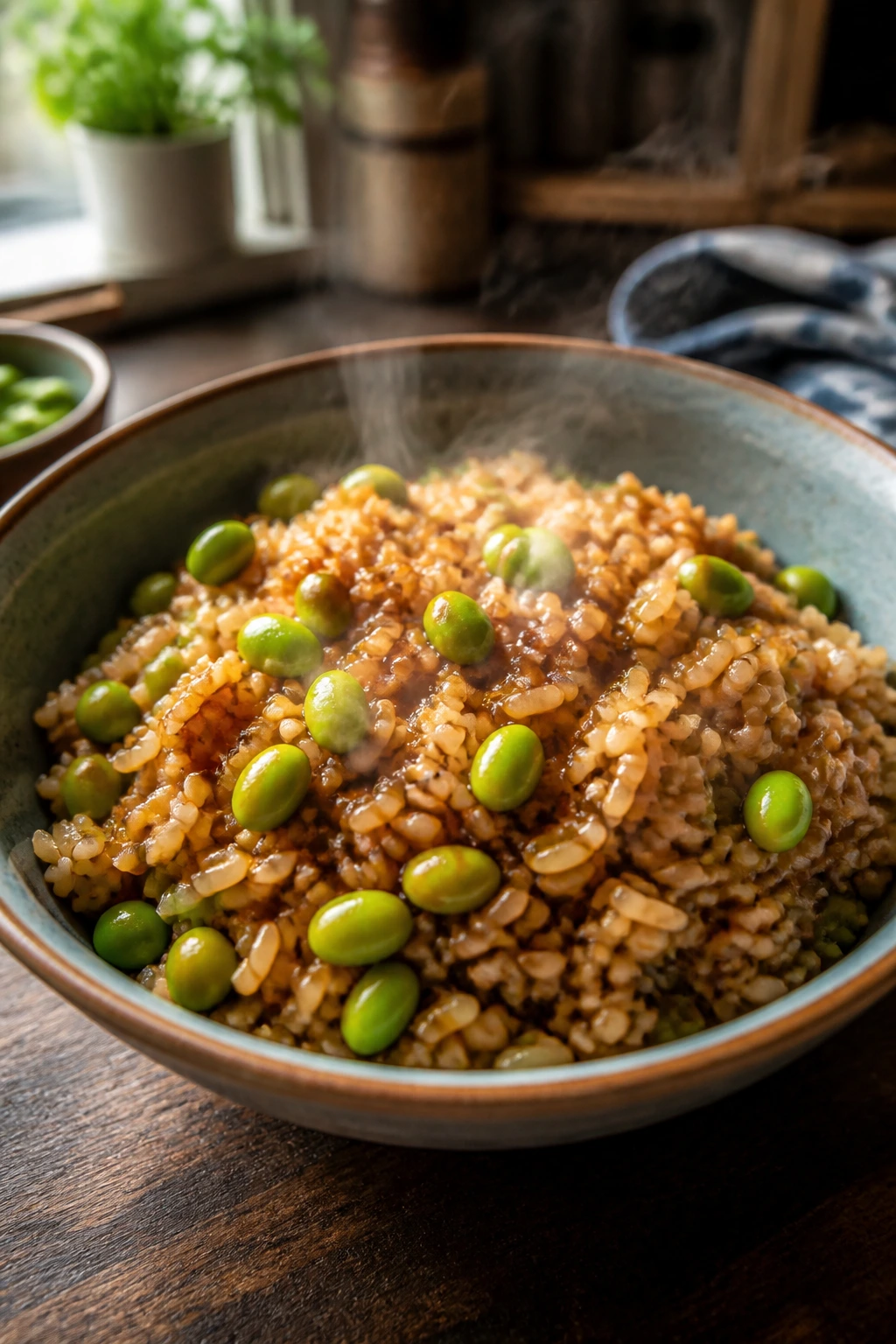 Close-up of teriyaki rice with edamame in a bowl on a wooden table