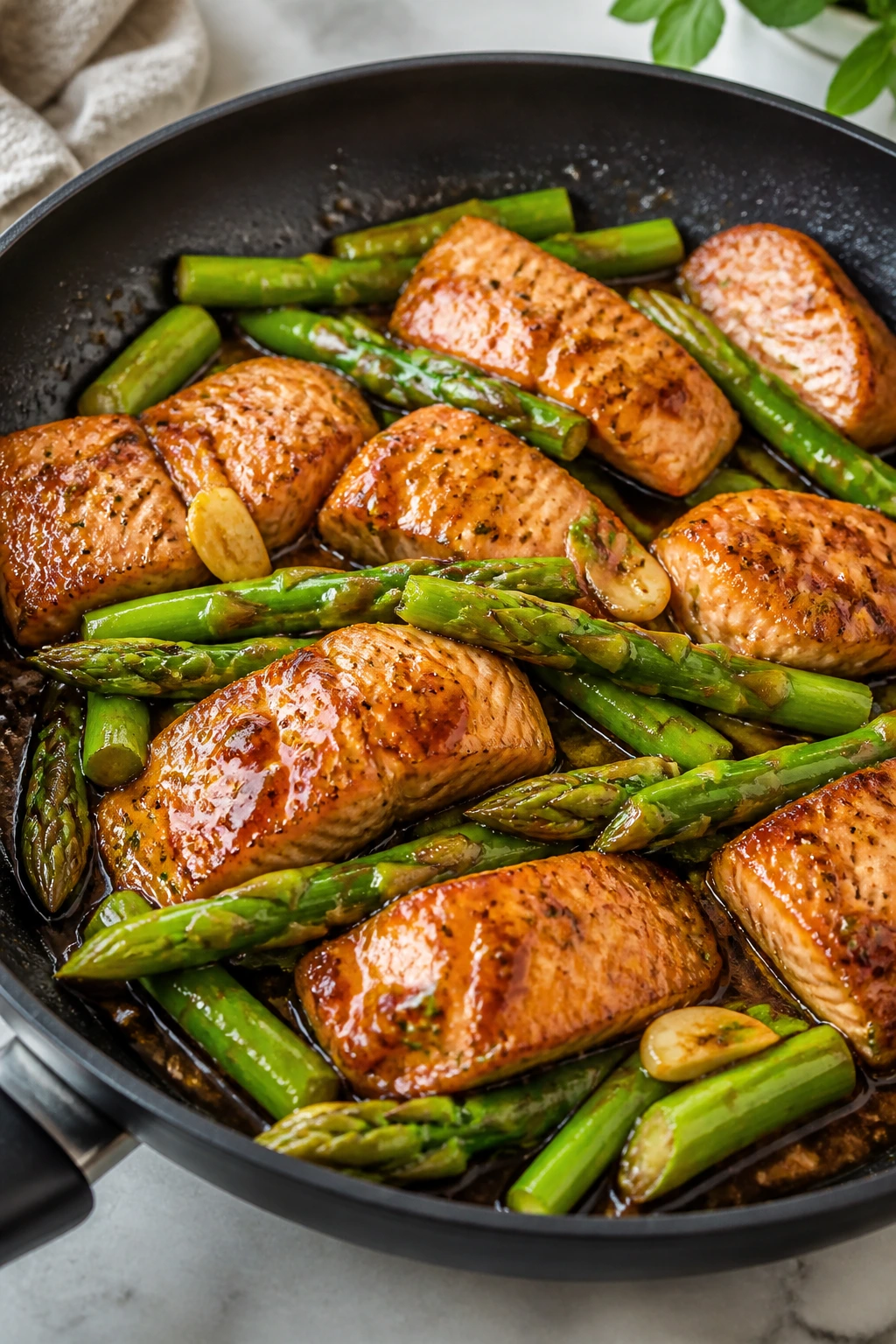 Close-up of teriyaki salmon and asparagus in glossy glaze