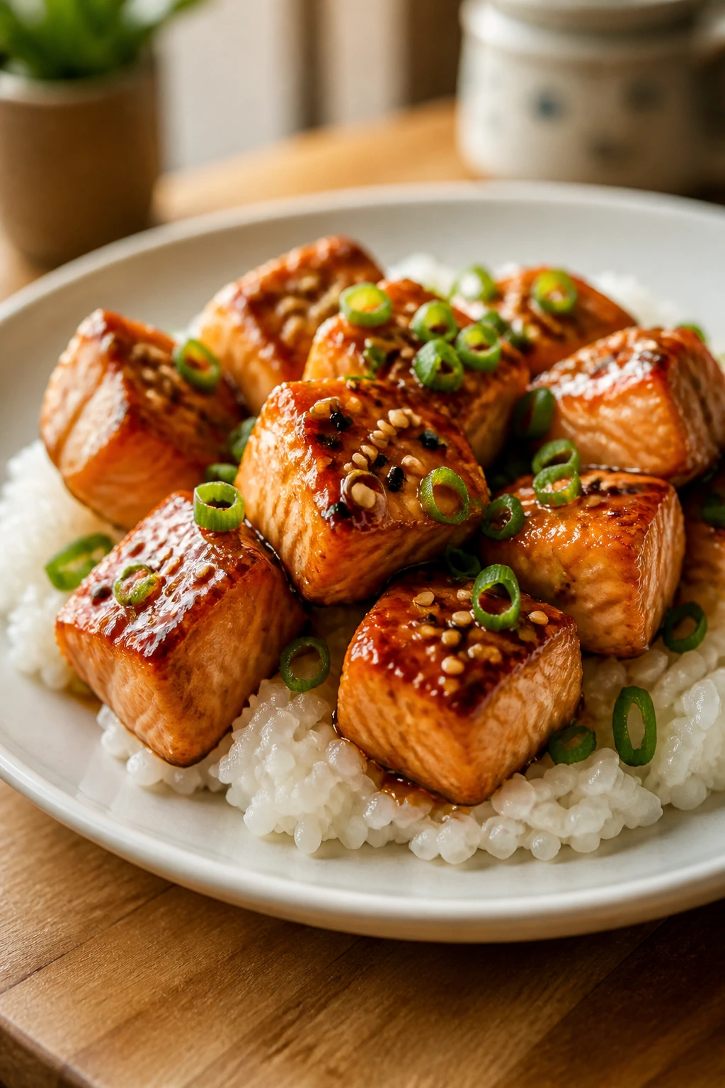 Close-up of teriyaki salmon bites over rice with sesame seeds on a wooden table