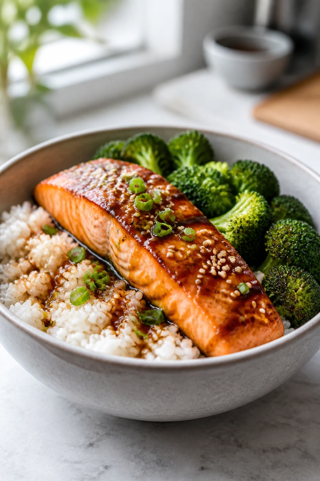Medium-close-up of teriyaki salmon and broccoli rice bowl in a kitchen