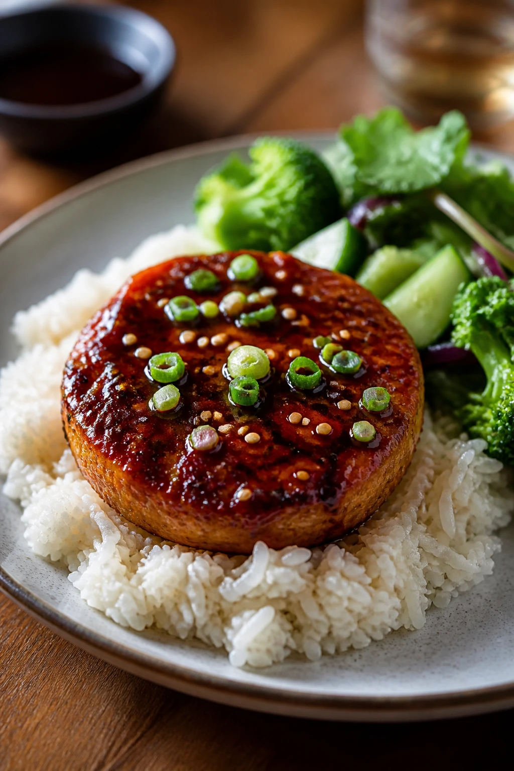 Teriyaki salmon cake served over rice with greens