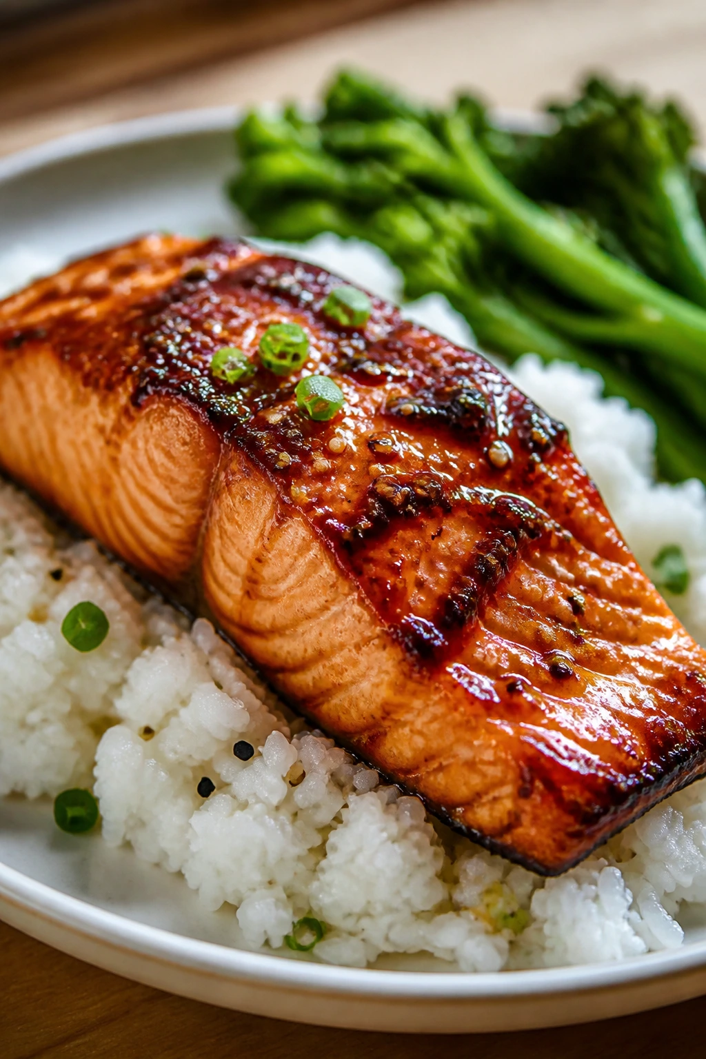 Glazed teriyaki salmon on rice with soft background greens