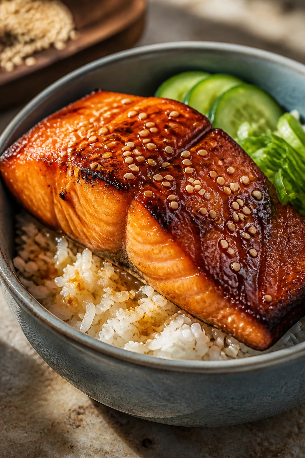 Glazed teriyaki salmon over rice in a bowl