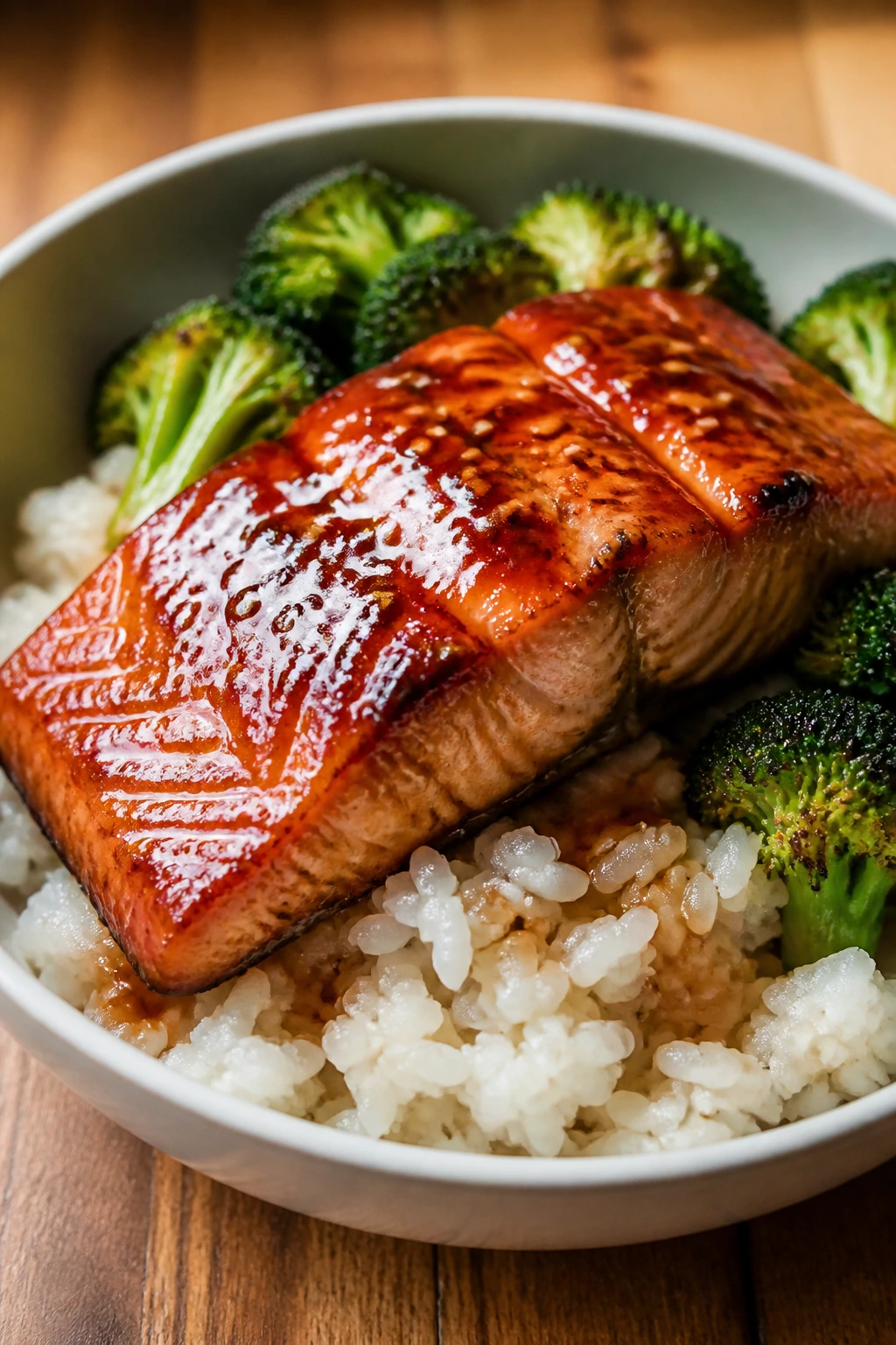 Close-up of teriyaki salmon over rice with broccoli in a bowl