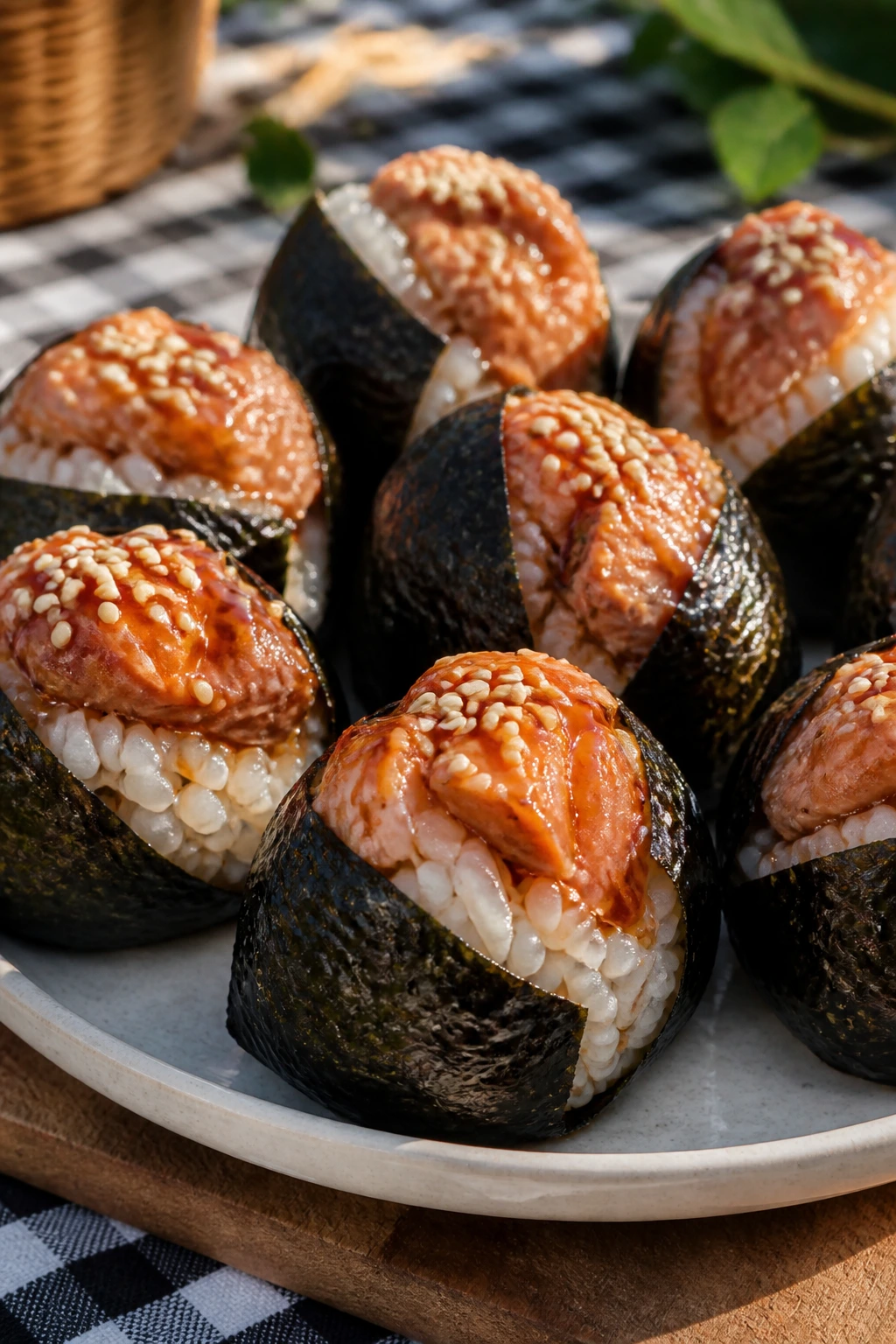 Close-up Teriyaki Salmon Rice Balls on a plate at a picnic.