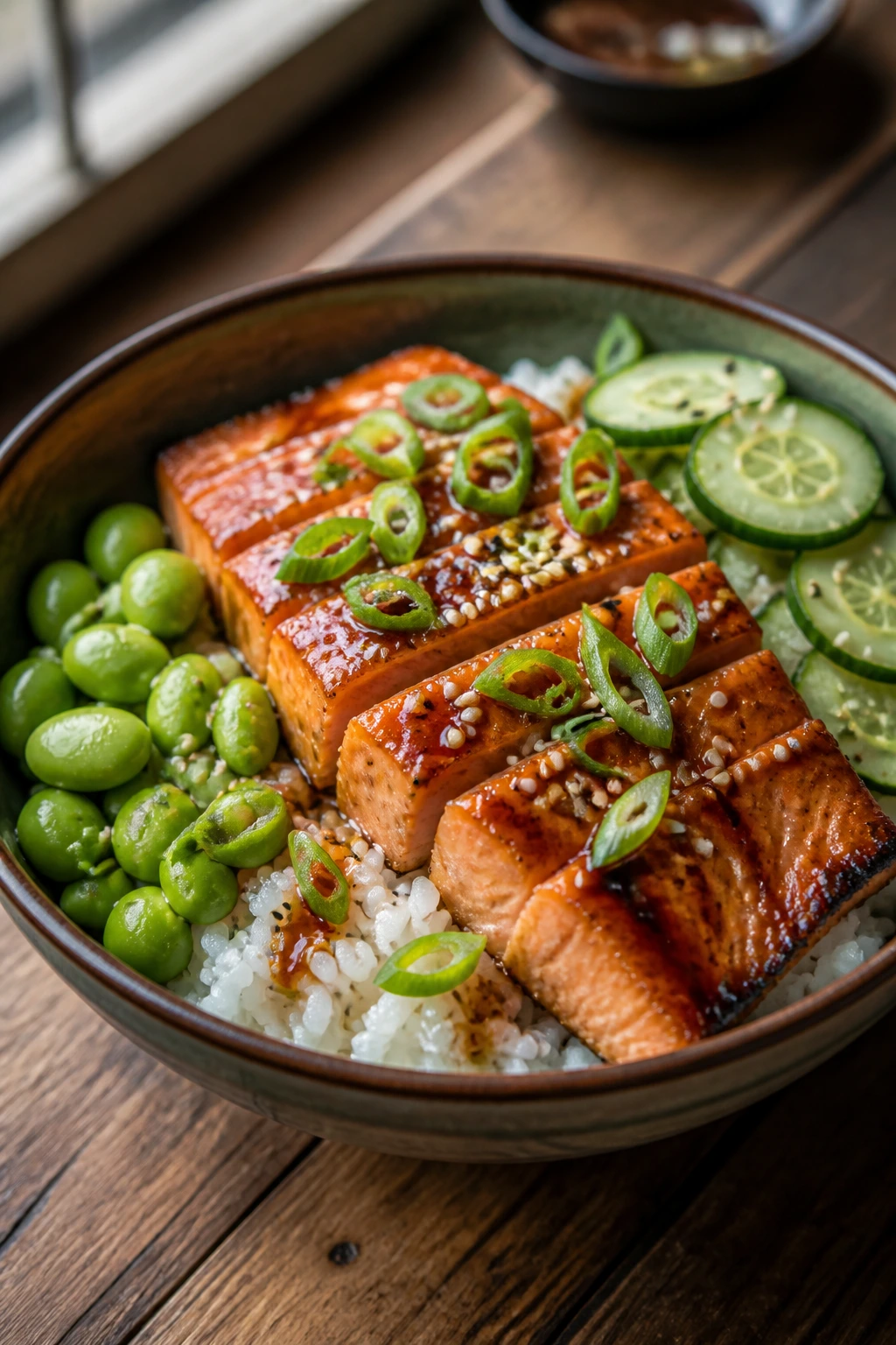 Close-up of Teriyaki Salmon Rice Bowl with cucumber, edamame and sesame on a wooden table