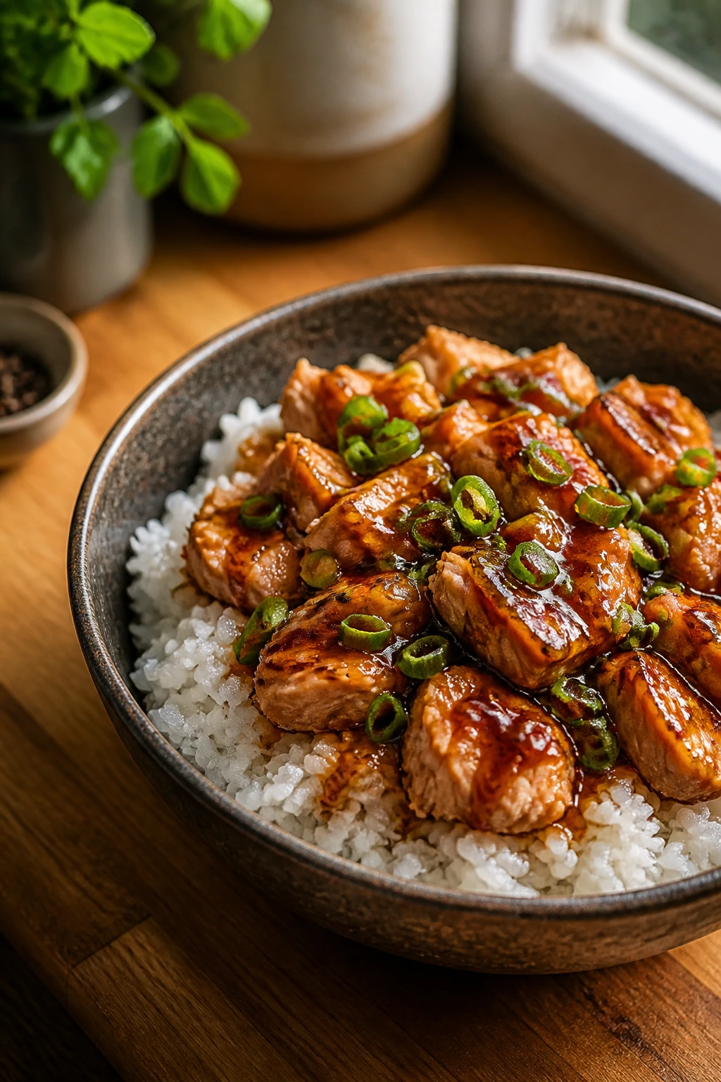 Close-up of glossy teriyaki salmon over rice in a bowl with scallions
