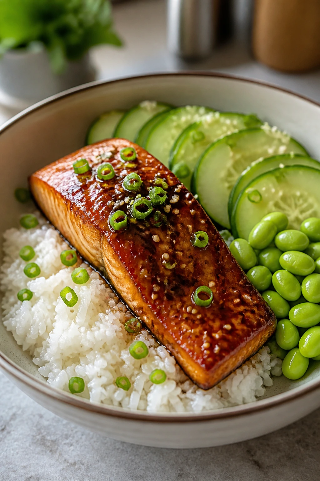 Teriyaki-glazed salmon on rice with cucumber and edamame