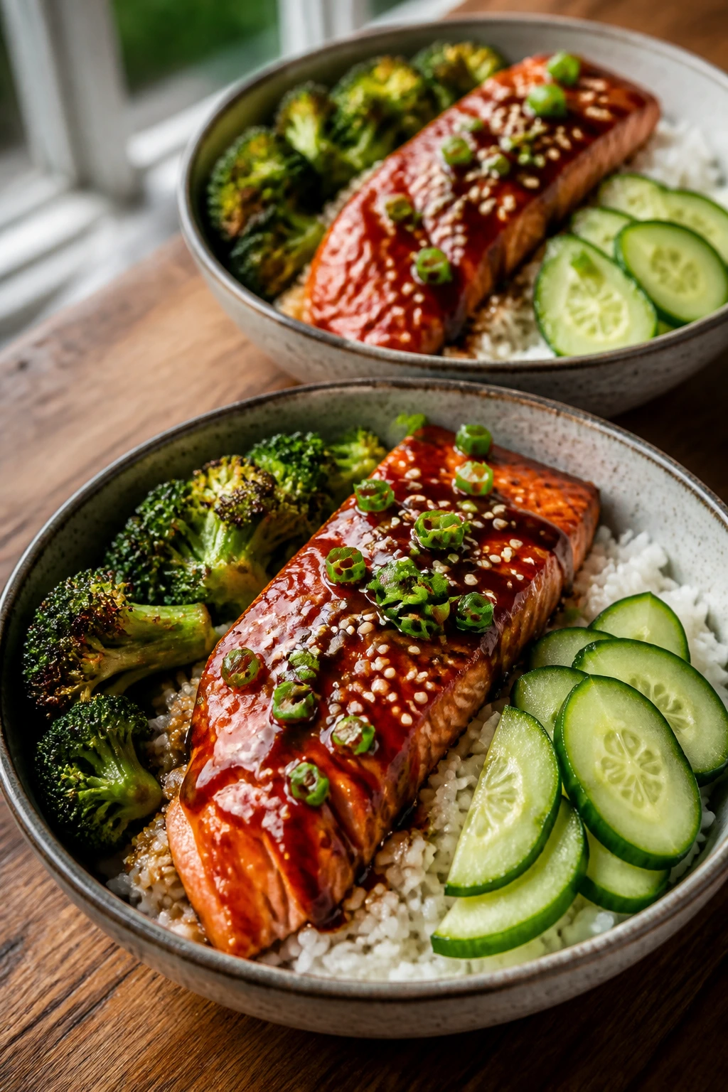 Two teriyaki salmon rice bowls with broccoli and cucumber on a wooden table