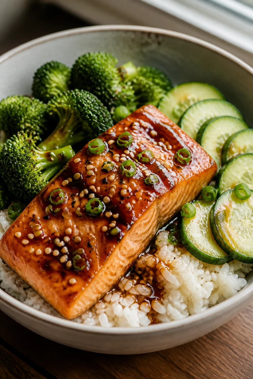 Close-up of teriyaki salmon rice bowl with vegetables