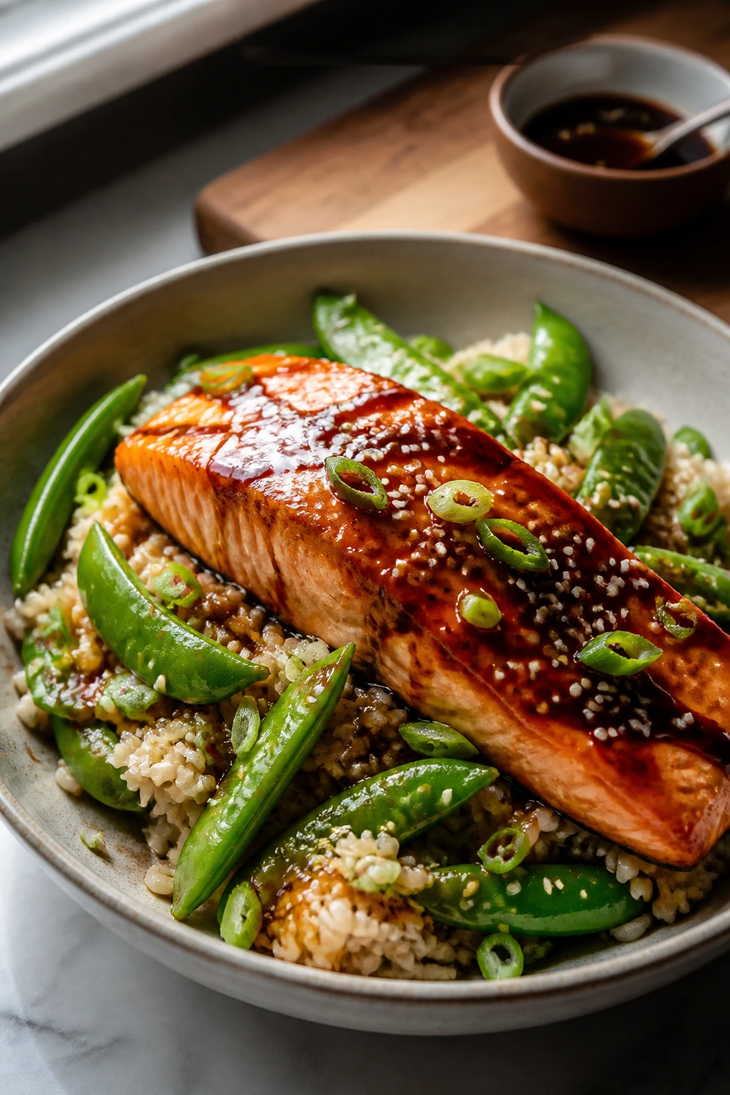 Close-up of teriyaki salmon with rice and snap peas on a plate