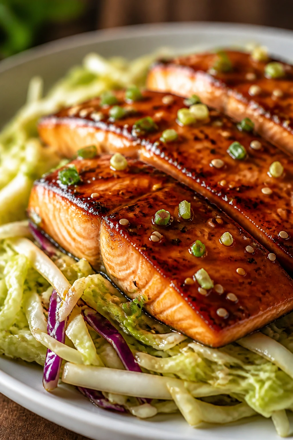 Glazed salmon over sesame cabbage on plate in a kitchen