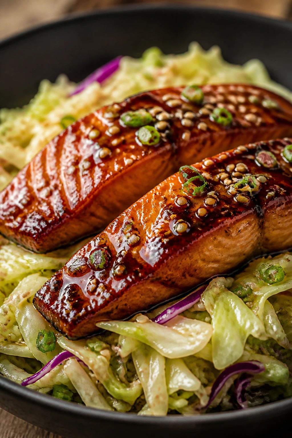 Close-up teriyaki salmon on sesame cabbage