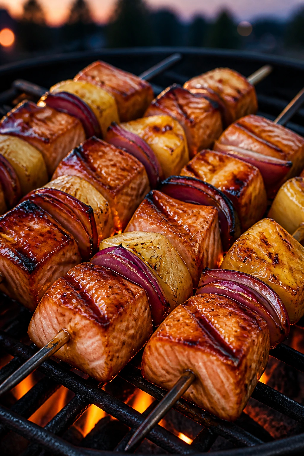 Close-up of teriyaki salmon and pineapple skewers on a grill