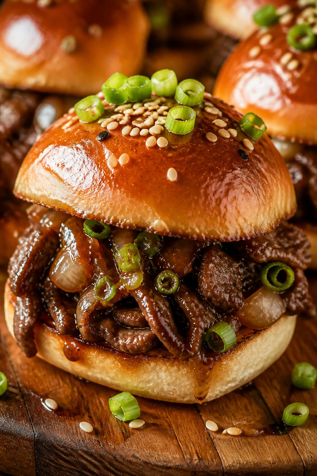 Close-up of Teriyaki Sesame Sliders with glossy glaze and sesame seeds