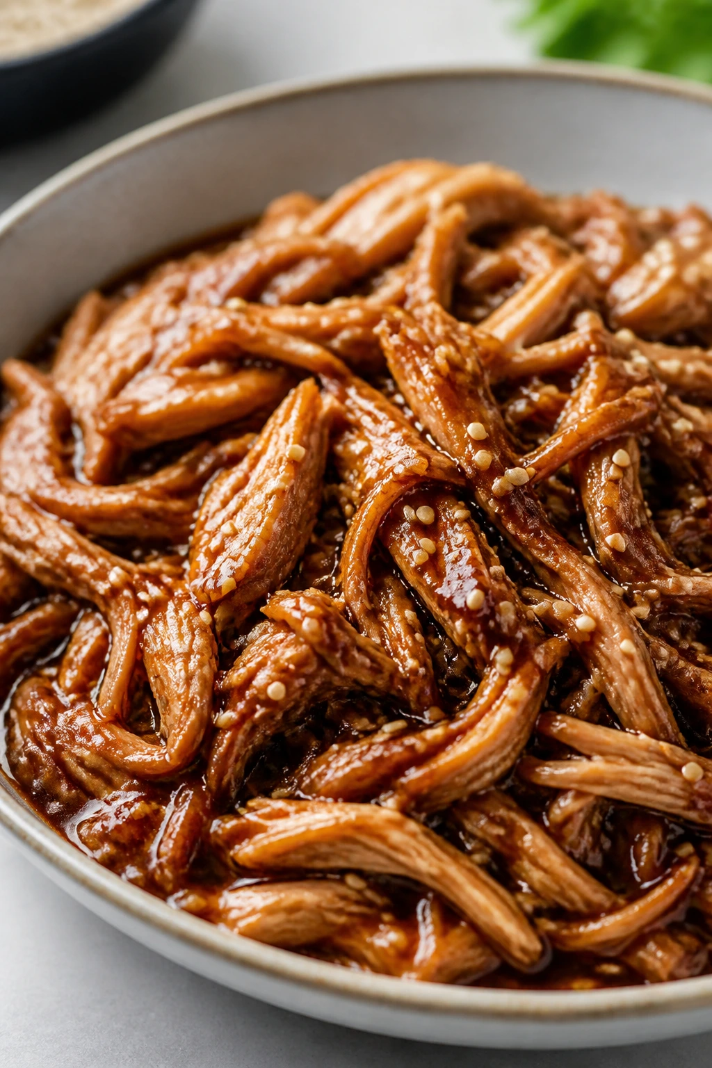 Glossy teriyaki shredded chicken in bowl