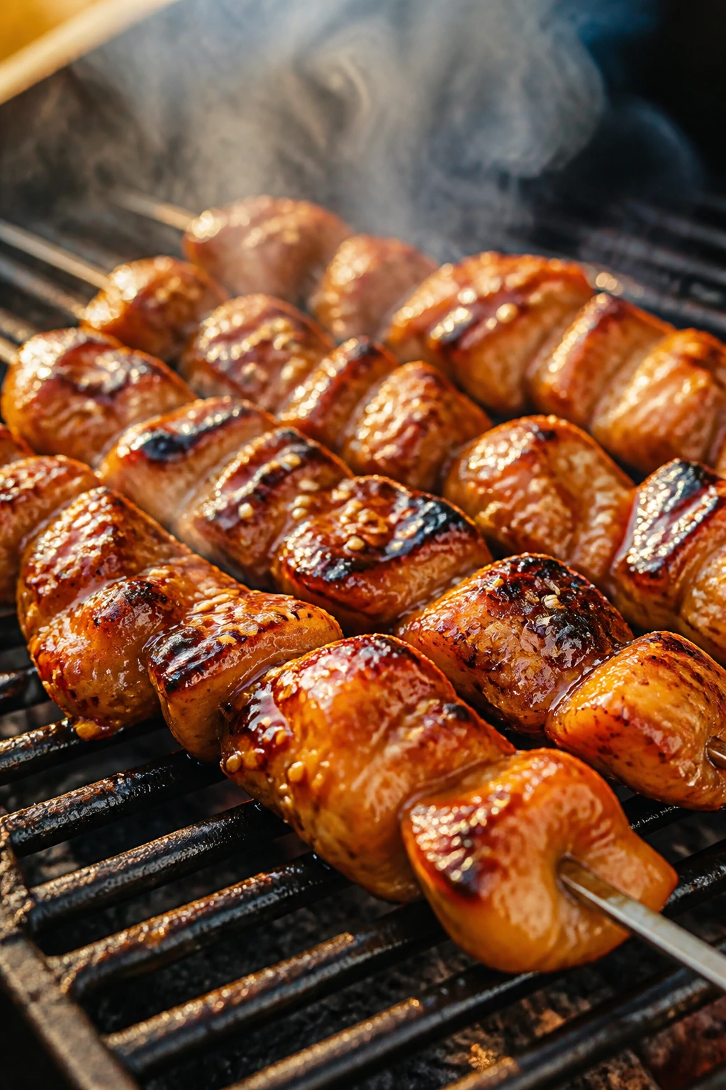 Close-up of teriyaki chicken skewers on a grill, glossy glaze and sesame seeds.