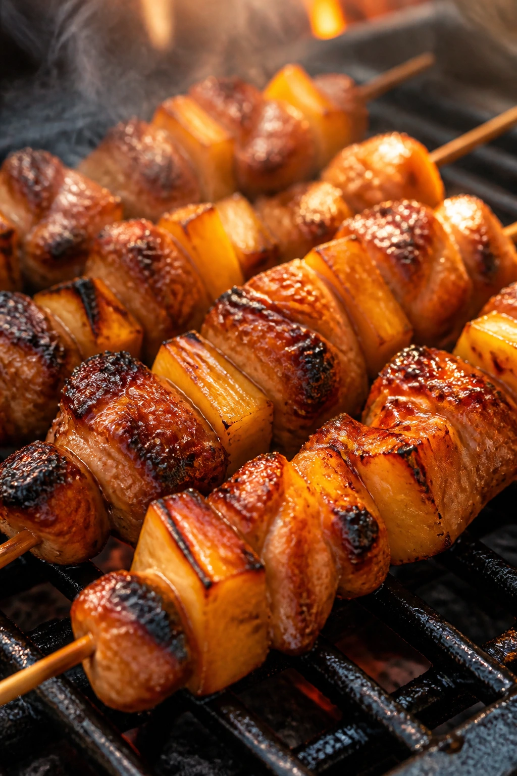 Close-up of teriyaki chicken skewers with pineapple grilling on a hot grate