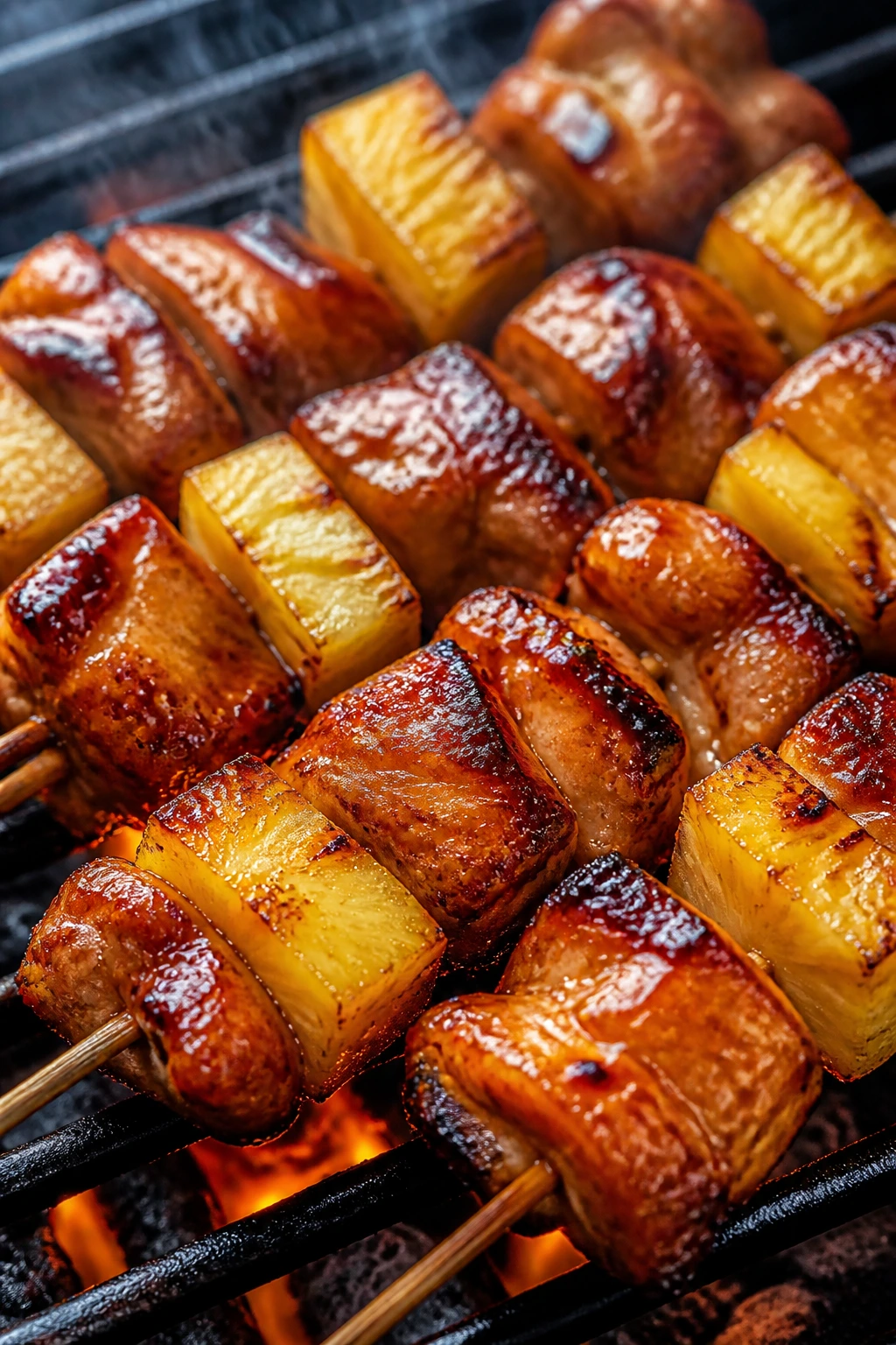 Close-up of teriyaki-glazed chicken and pineapple skewers on a grill.