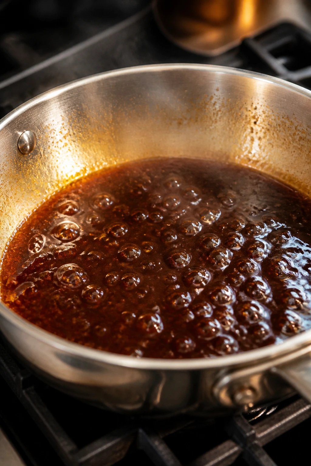 Skillet with glossy teriyaki glaze simmering on stove