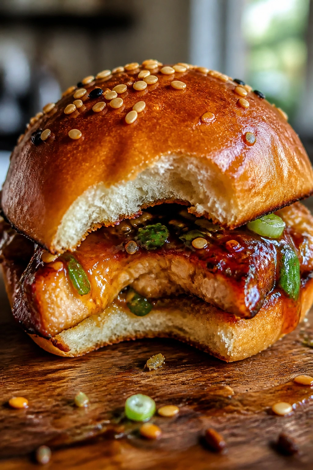 Close-up of a glossy teriyaki chicken slider filling the frame in a warm kitchen