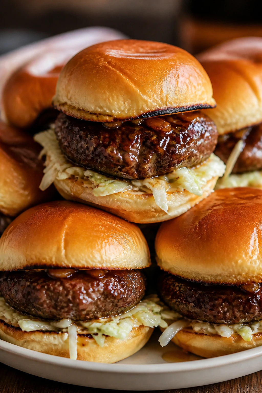 Close-up of teriyaki-glazed beef sliders on a plate