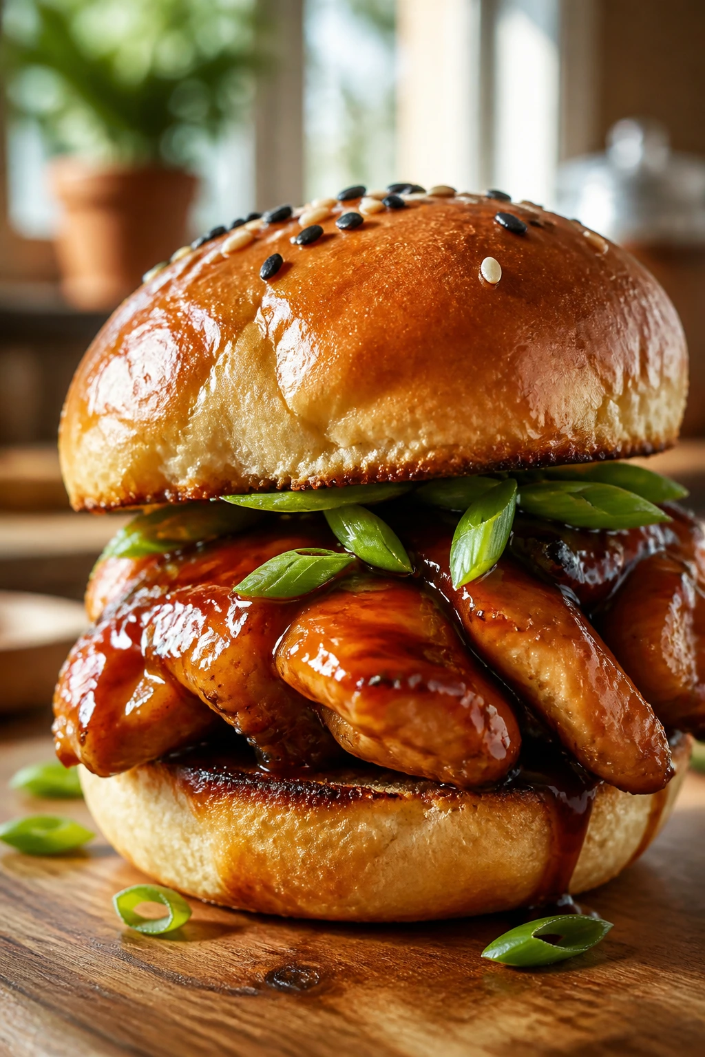 Close-up of glossy teriyaki chicken slider on a toasted bun in a cozy kitchen
