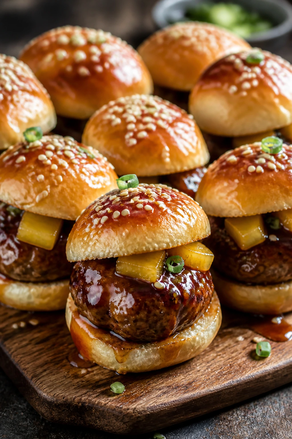 Close-up of glossy teriyaki-glazed meatball sliders with pineapple on a wooden board