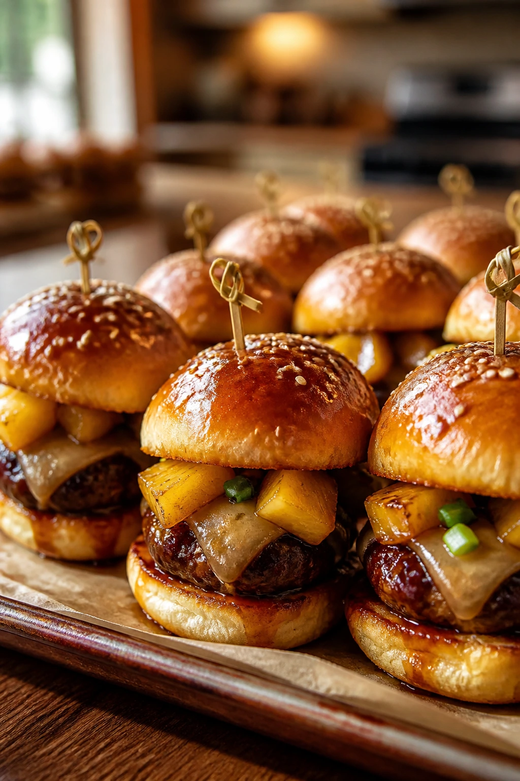 Close-up of teriyaki-glazed pineapple sliders on parchment in a warm kitchen.