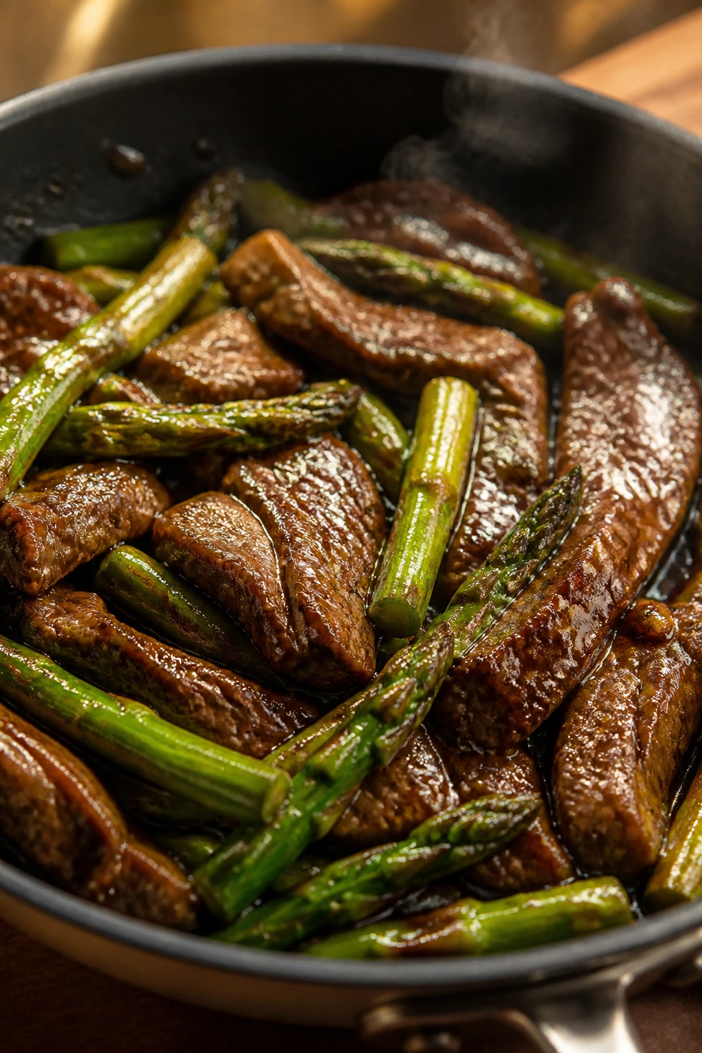 Close-up of teriyaki steak and asparagus in a skillet with glossy glaze