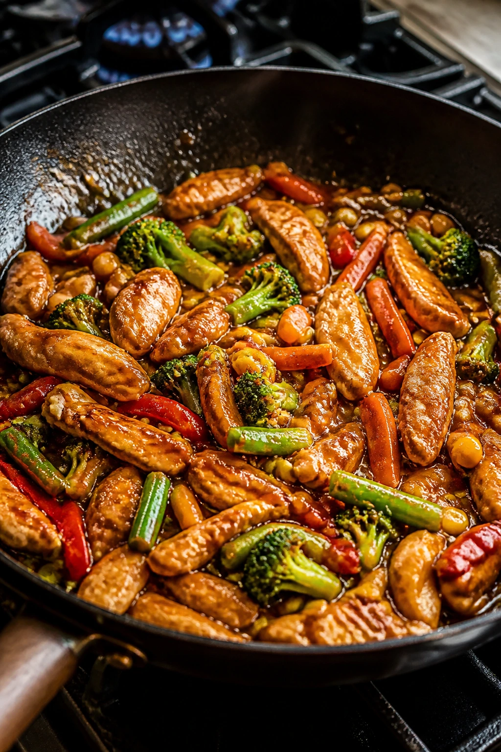 Close-up of teriyaki chicken stir-fry with frozen vegetables in a hot wok