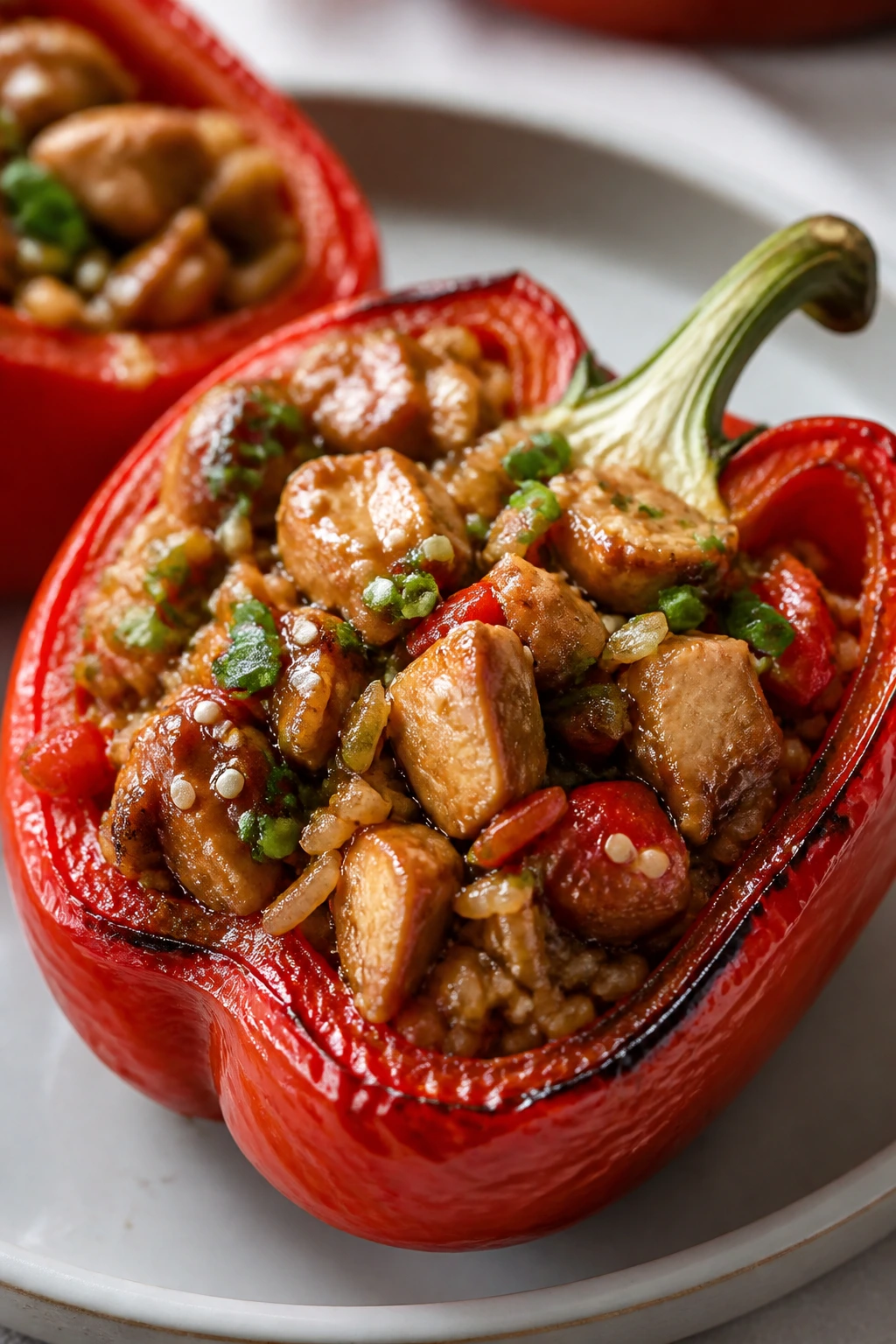 Close-up of stuffed bell pepper with teriyaki chicken and rice
