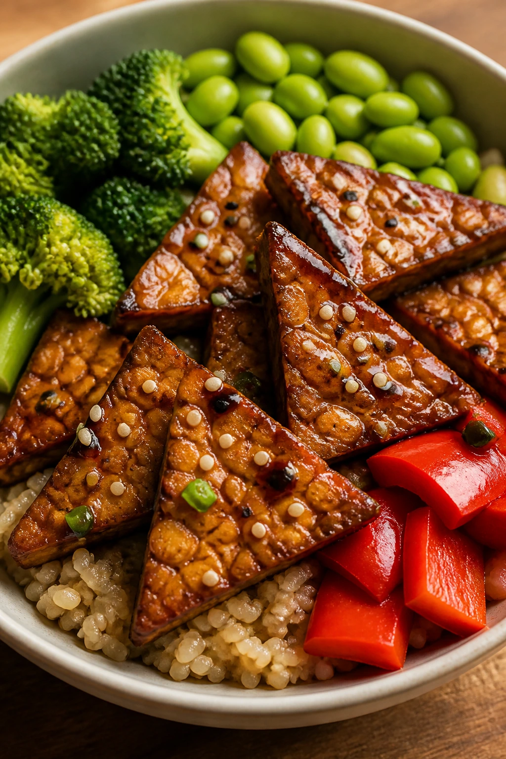 Close-up of Teriyaki Tempeh Edamame Bowl with tempeh and vegetables.
