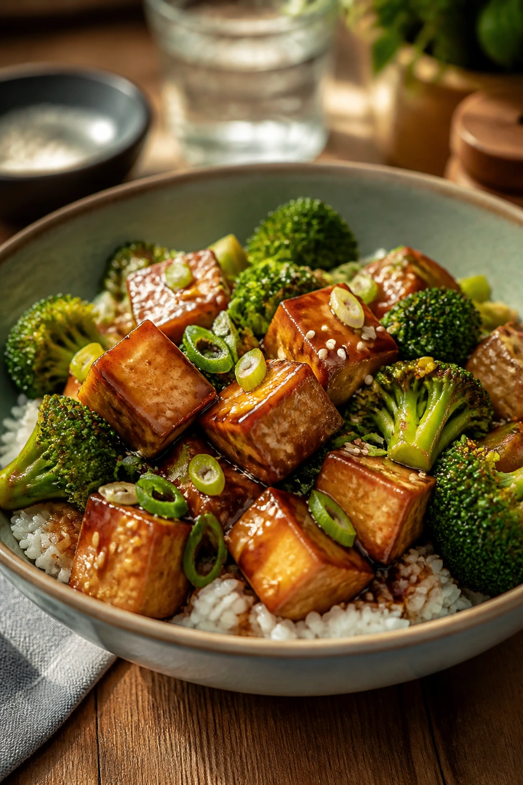 Close-up of teriyaki tofu bowl with broccoli and rice in a ceramic bowl.