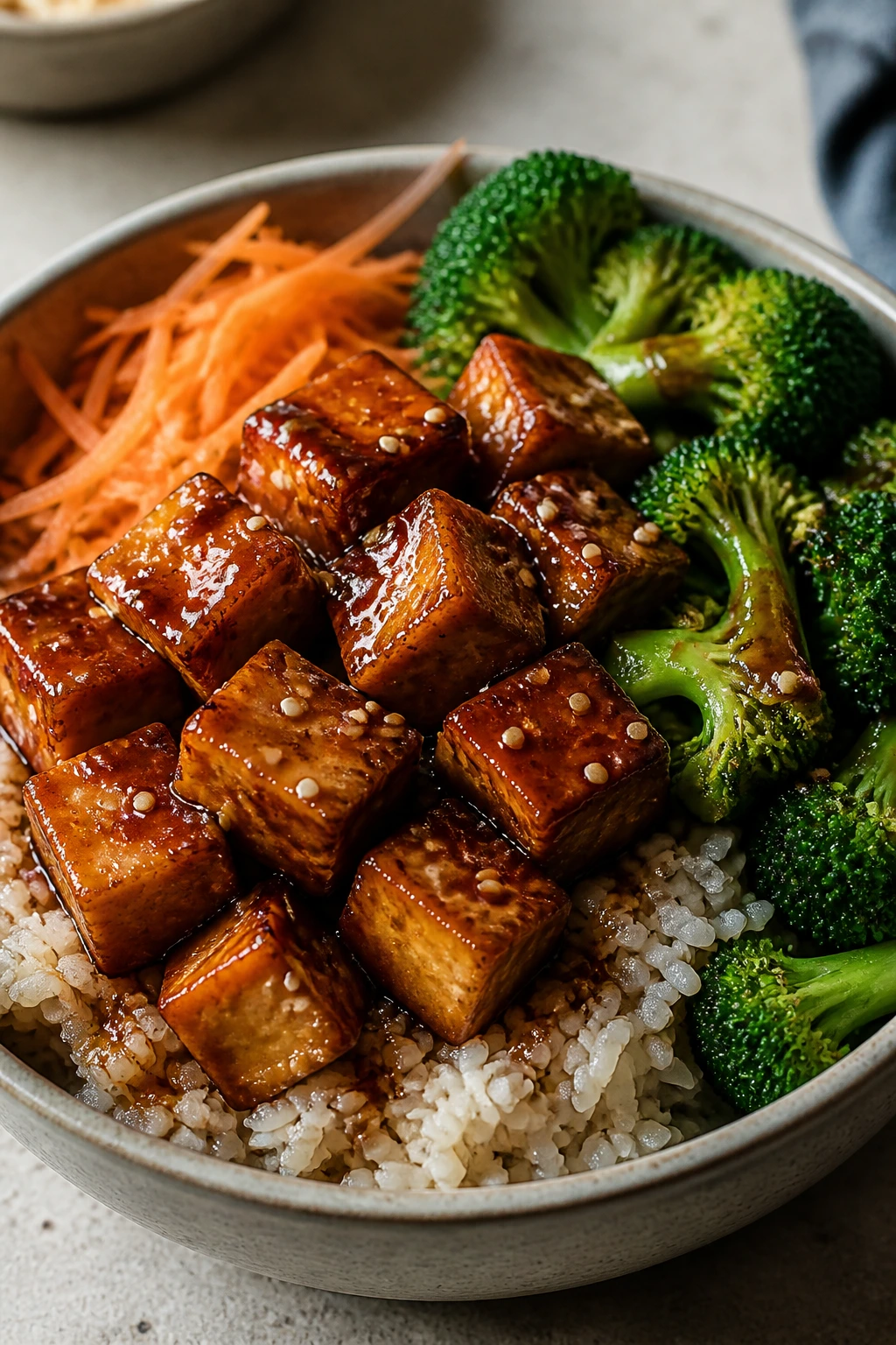 Close-up of teriyaki tofu bowl with rice and vegetables