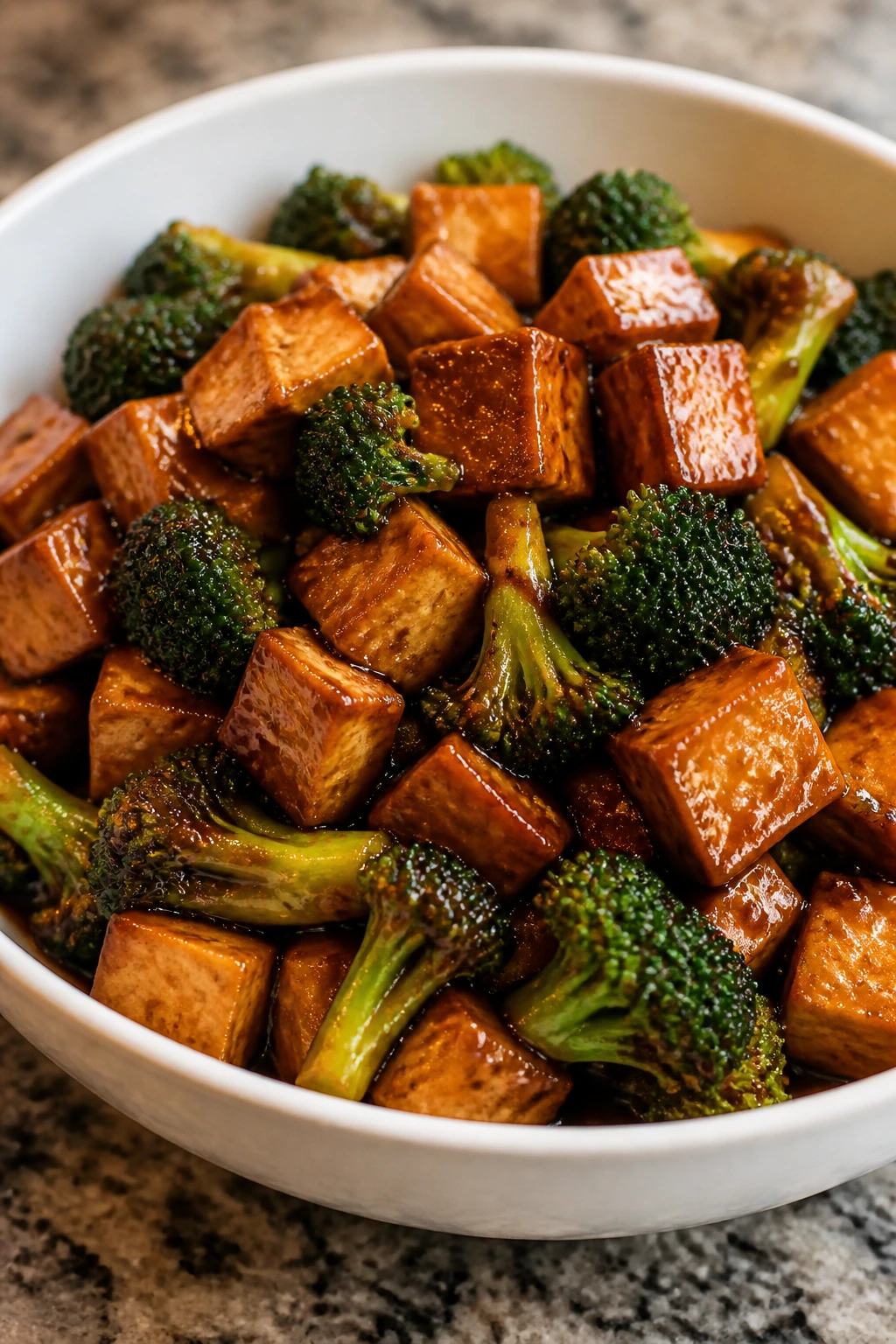 Tofu and broccoli in teriyaki sauce in a white bowl