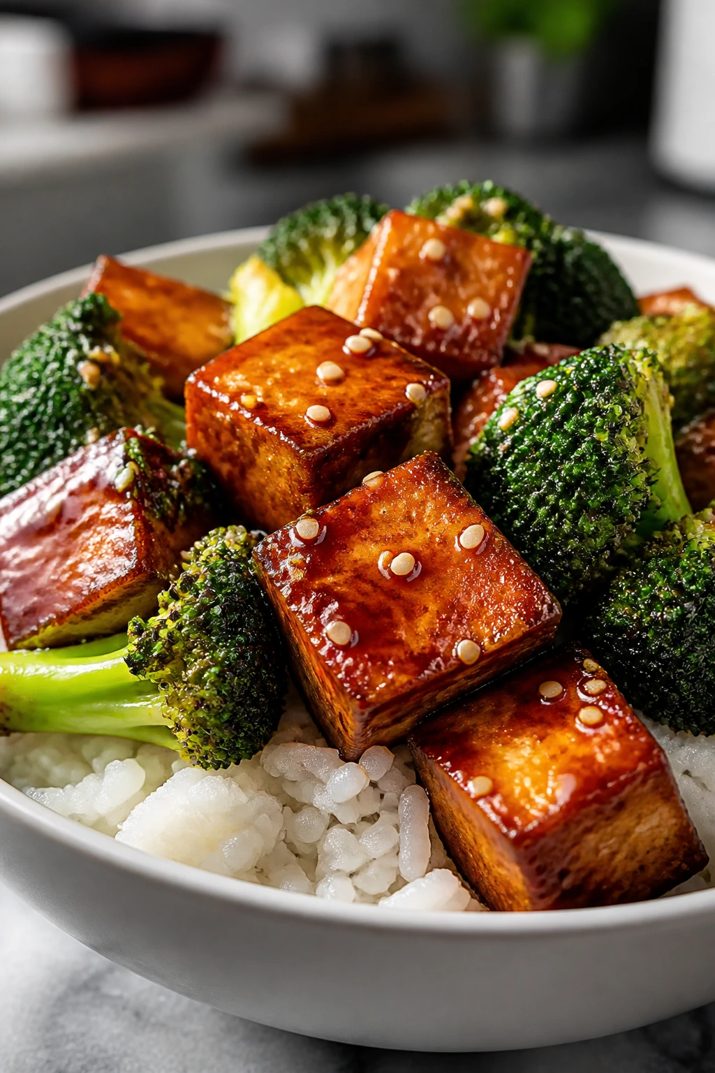 Close-up of teriyaki tofu and broccoli over rice in a bowl