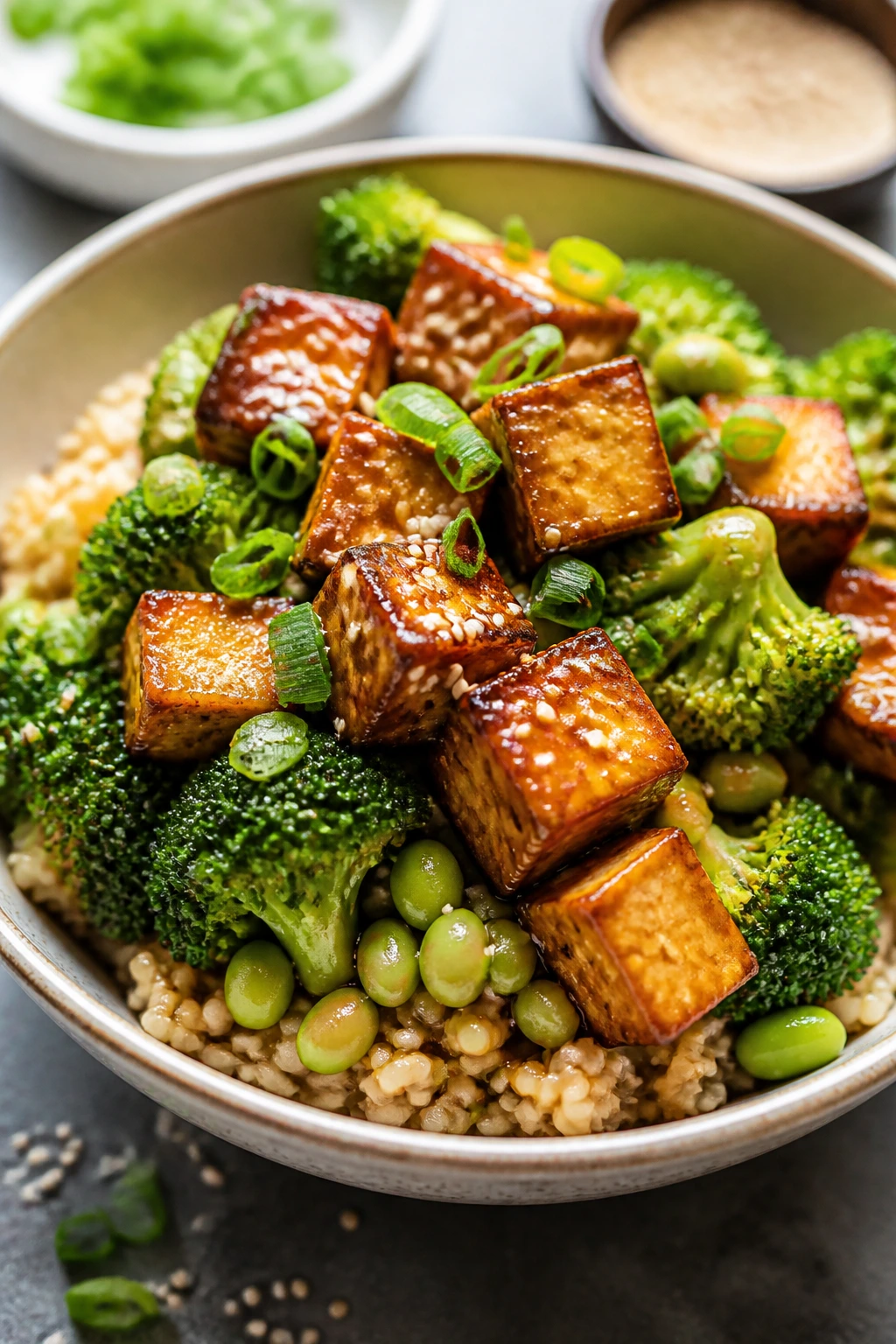 Close-up of Teriyaki Tofu Broccoli Rice Bowl with glossy tofu
