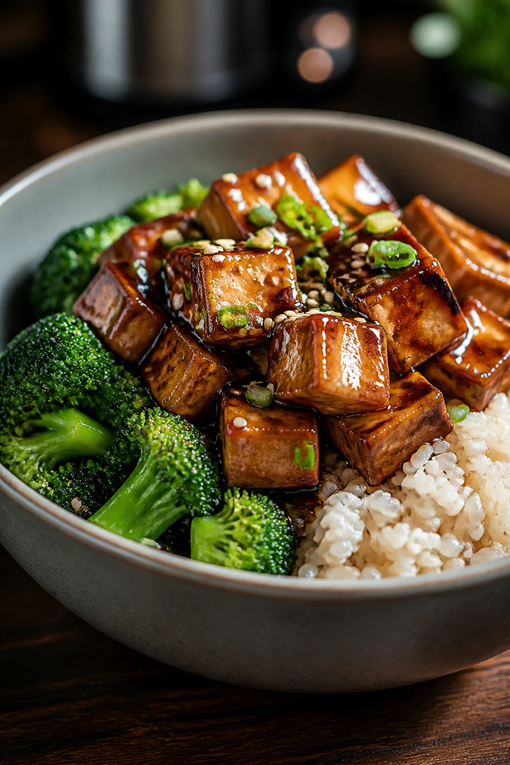 Close-up of teriyaki tofu with broccoli and rice in a bowl