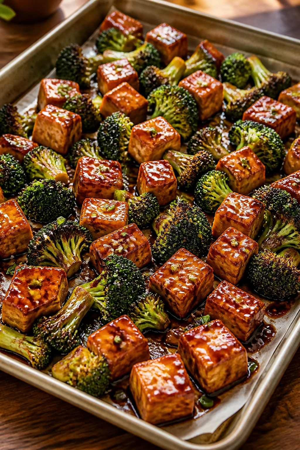 Close-up of Teriyaki Tofu and Broccoli on a sheet pan
