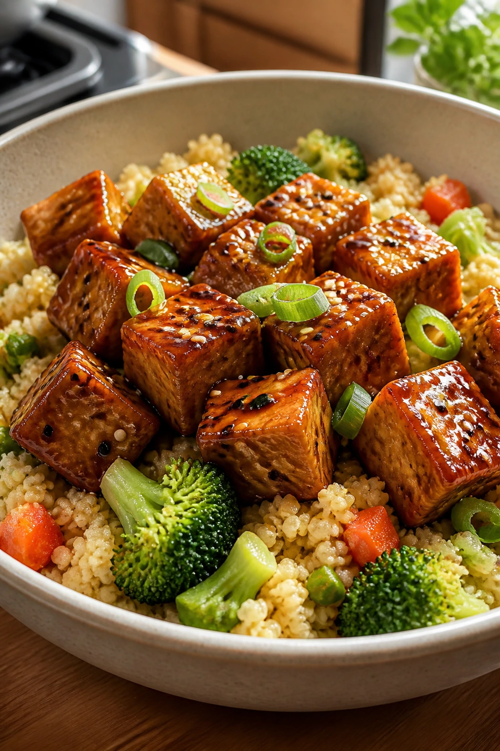 Medium close-up teriyaki tofu couscous bowl with broccoli