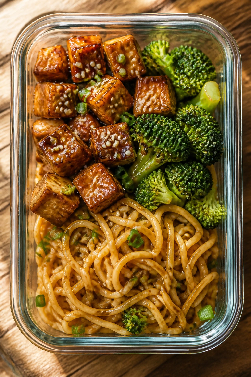 Top-down close-up of teriyaki tofu noodle box with broccoli and sesame seeds.