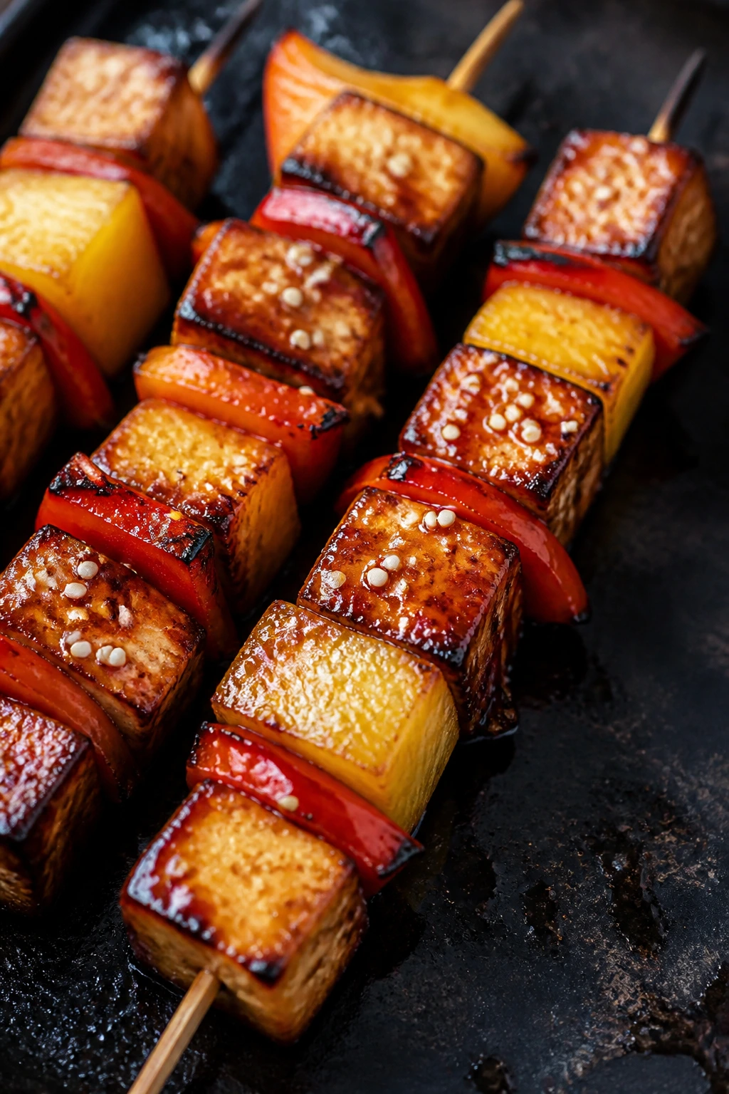Teriyaki tofu and pineapple skewers with glaze