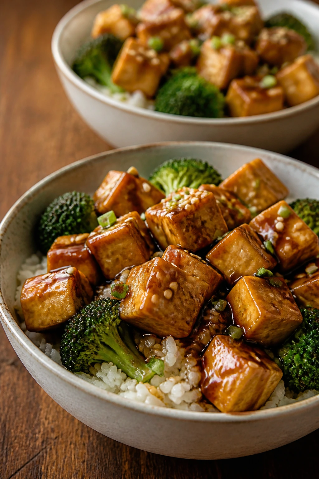 Two bowls of teriyaki tofu rice on a wooden table