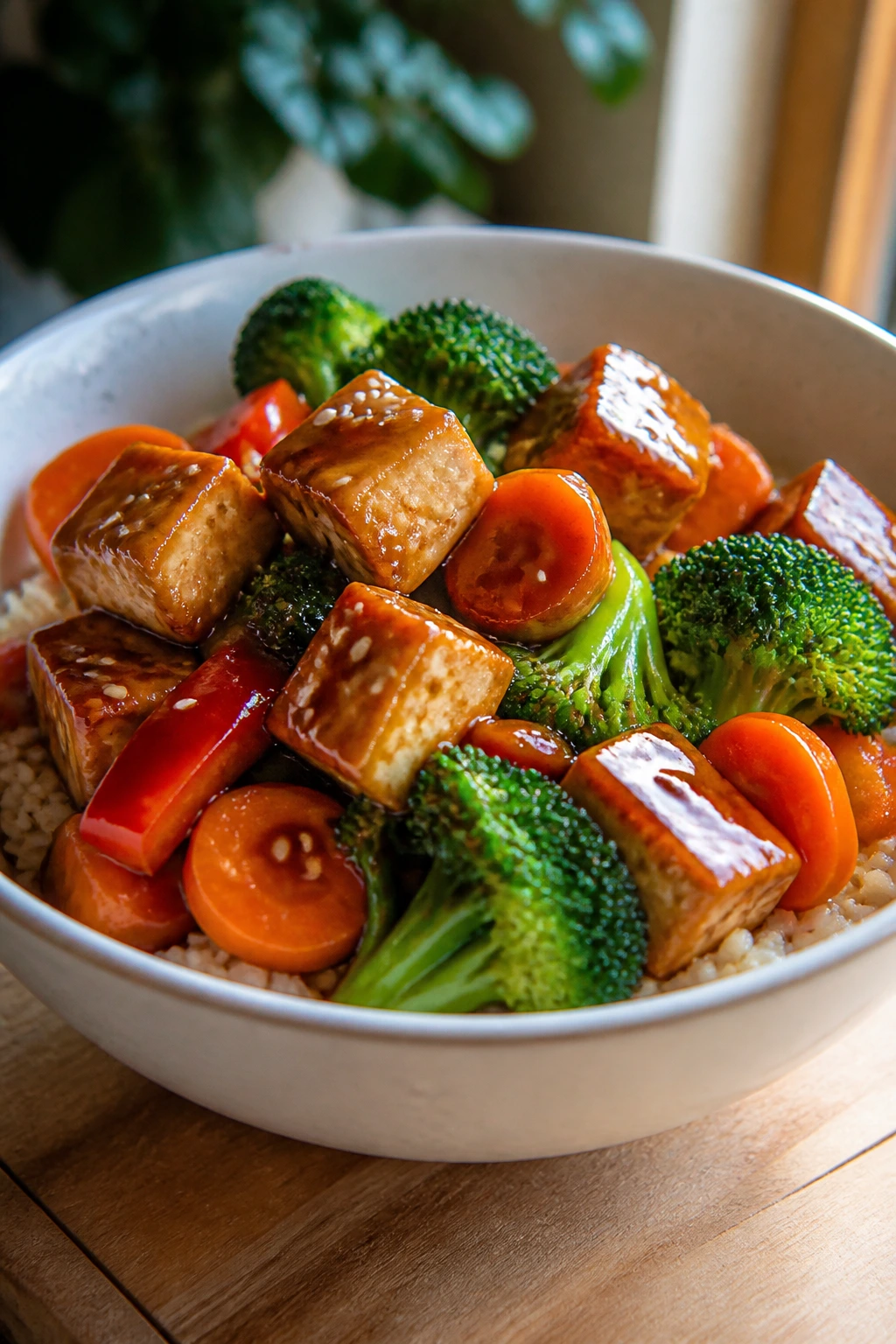 Glossy teriyaki tofu and vegetables over rice in a bowl in a cozy kitchen.